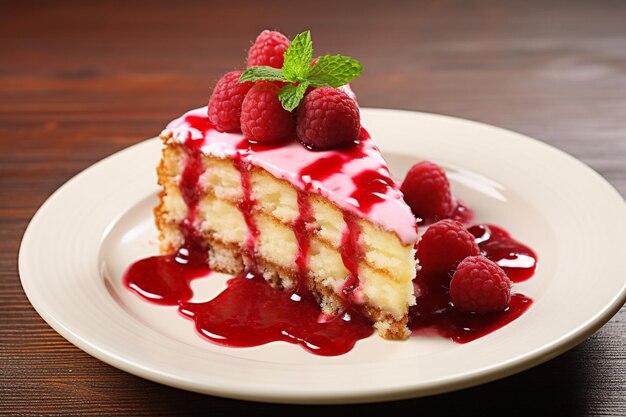 A slice of strawberry cake served with a side of passion fruit coulis