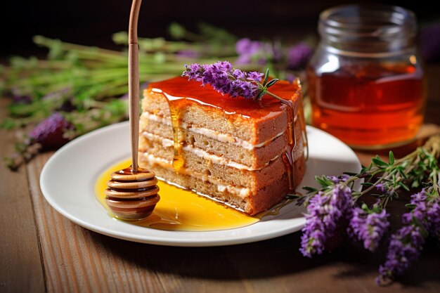 Photo a slice of strawberry cake served with a side of passion fruit coulis