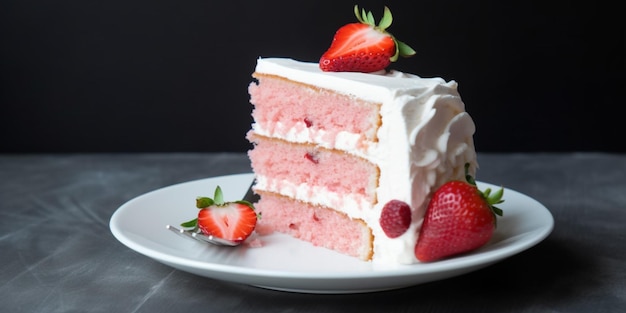 A slice of strawberry cake with a strawberry on top