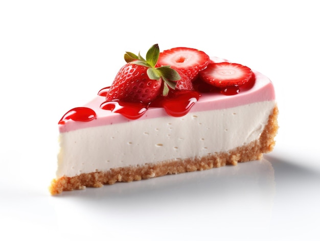 Photo a slice of strawberry cheesecake with a strawberry on top isolated on white background