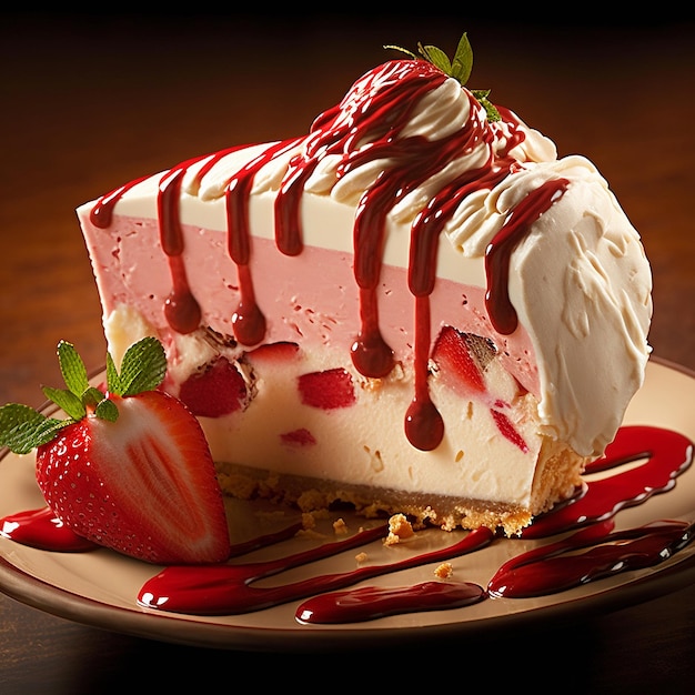 A slice of strawberry cheesecake with a strawberry on top.