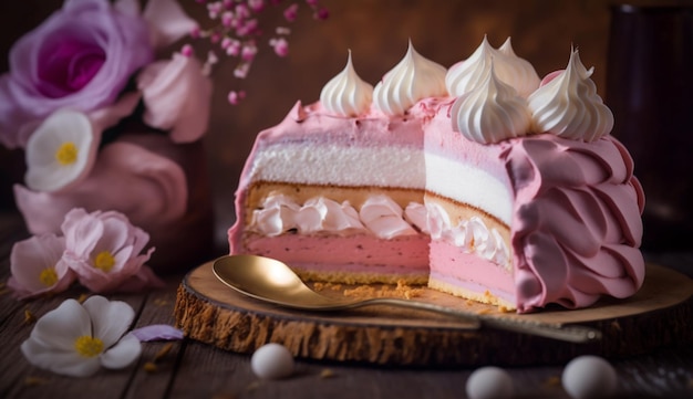 A slice of strawberry ice cream cake with a spoon on a wooden board.