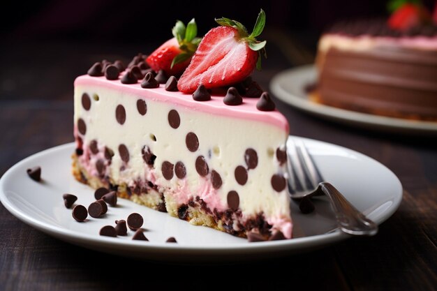 Кусочек клубничного ванильного сырного торта, украшенного розовыми шоколадными фишками на тарелке
