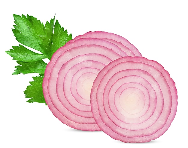 slice of sweet red onions with a sprig of celery