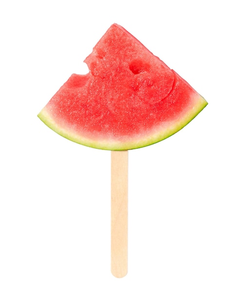 Slice of sweet ripe watermelon on wooden ice cream stick isolated refreshing summer dessert