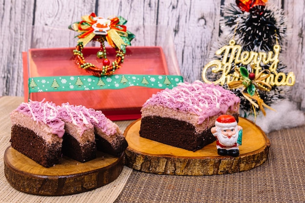 Slice of taro cake with decoration Christmas