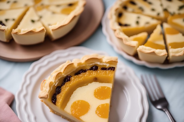 A slice of tart with the word custard on it