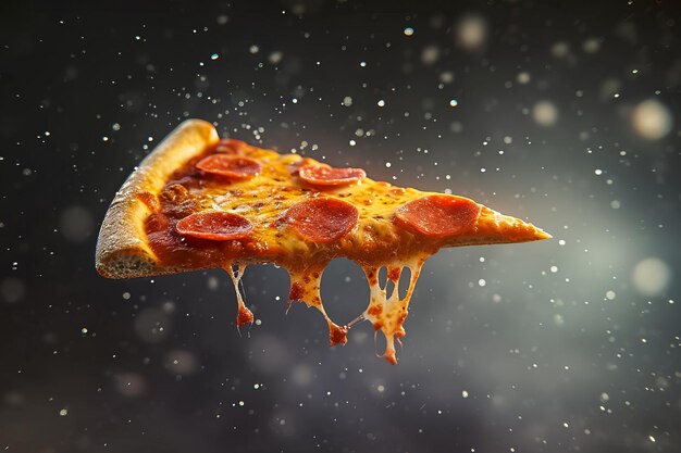 A slice of tasty pizza is flying out on a black background