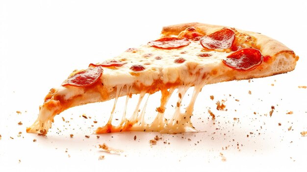 A slice of tasty pizza is flying out on a white background