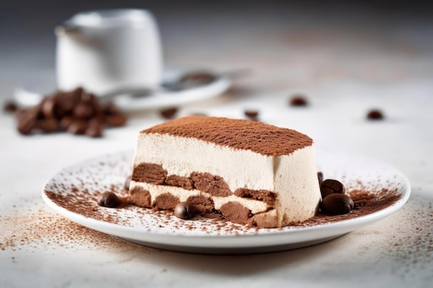 A slice of tiramisu with chocolate and coffee on a white plate.