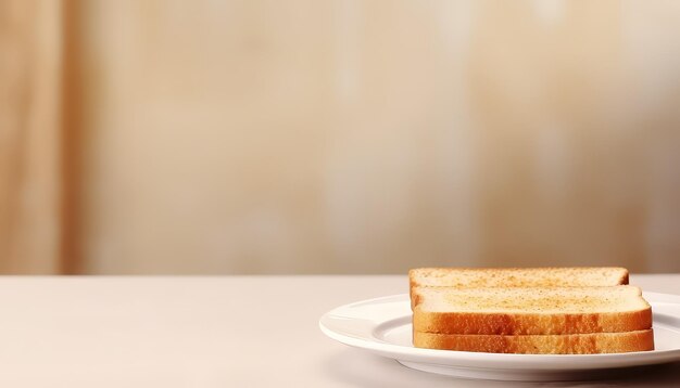 На белой тарелке лежит кусочек тоста с маслом.