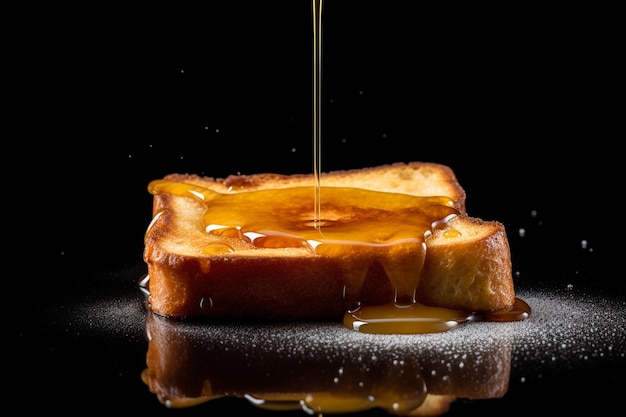 A slice of toast with honey being poured on it.