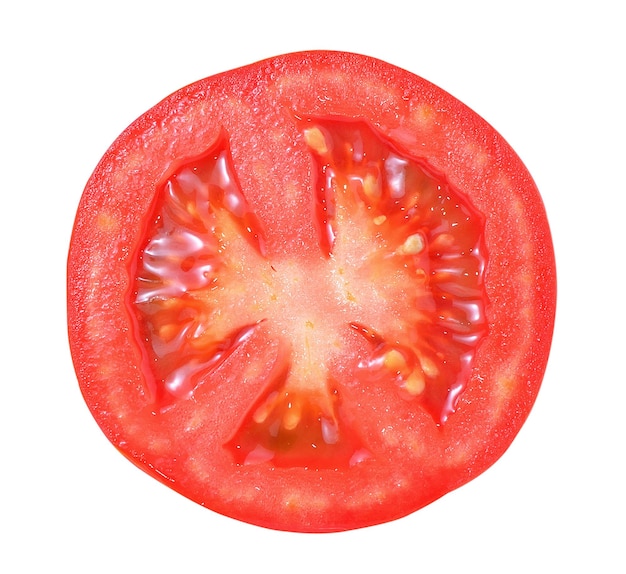 白で隔離されるトマトのスライス