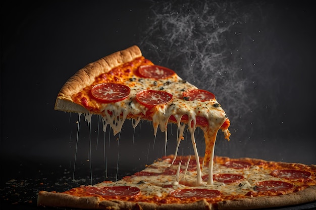 Photo slice of traditional italian pepperoni pizza with tomato sauce and arugula