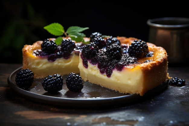 Slice van Blackberry Custard Tart op een bord Generative Ai