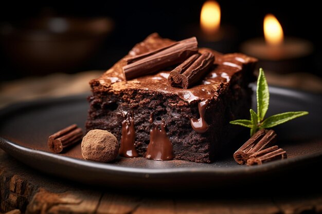 Slice van smakelijke chocolade brownie met room op donkere plaat