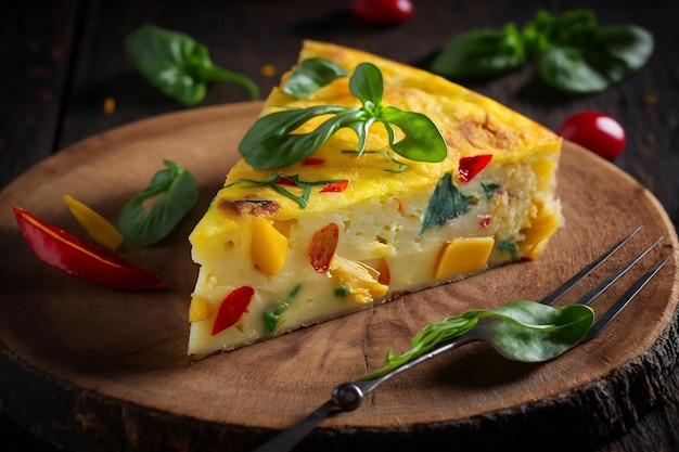 Slice of vegetable omelet of spinach and tomatoes for a healthy veggie breakfast