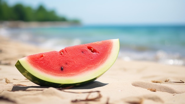 A slice of watermelon on the beach with the ocean in the background ai