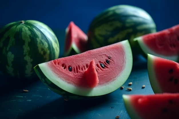 A slice of watermelon is on a blue background.