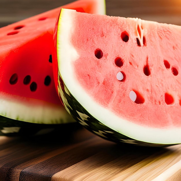 A slice of watermelon is cut in half and has holes in the center.