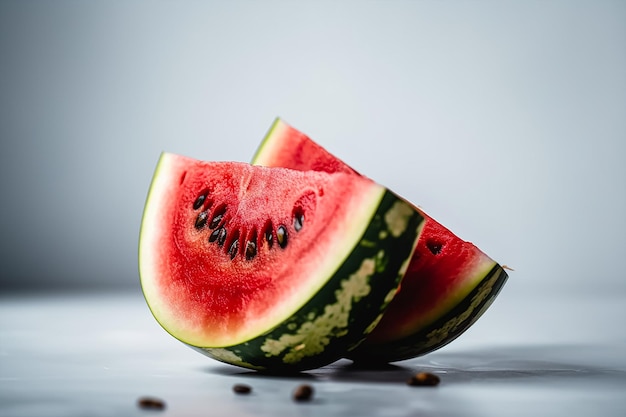 A slice of watermelon is cut in half.