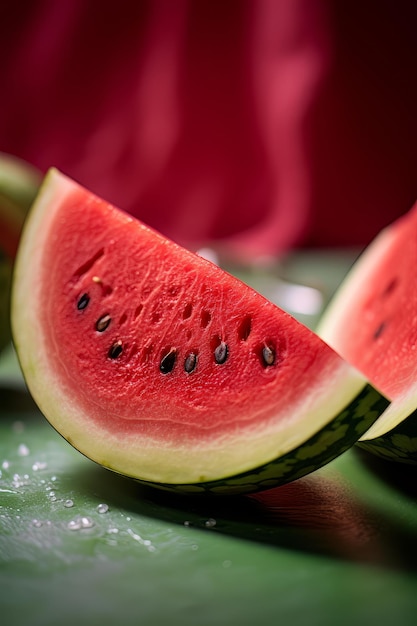 A slice of watermelon is cut in half.