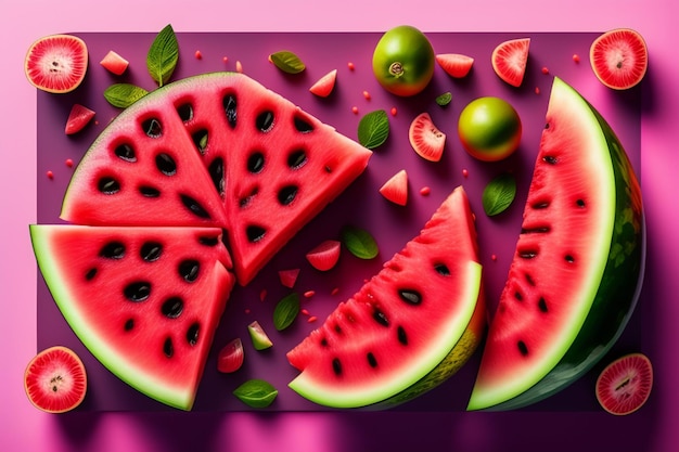 A slice of watermelon is on a purple background with green leaves.