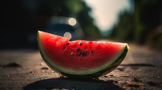 A slice of watermelon sits on the ground.