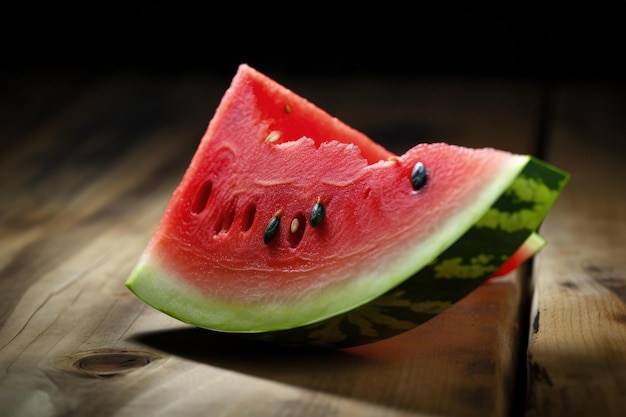 A slice of watermelon sitting on top of a wooden table generative AI