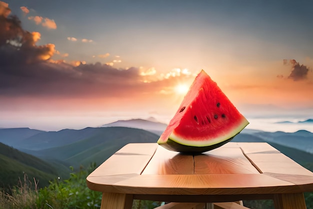 A slice of watermelon on a table with a sunset in the background