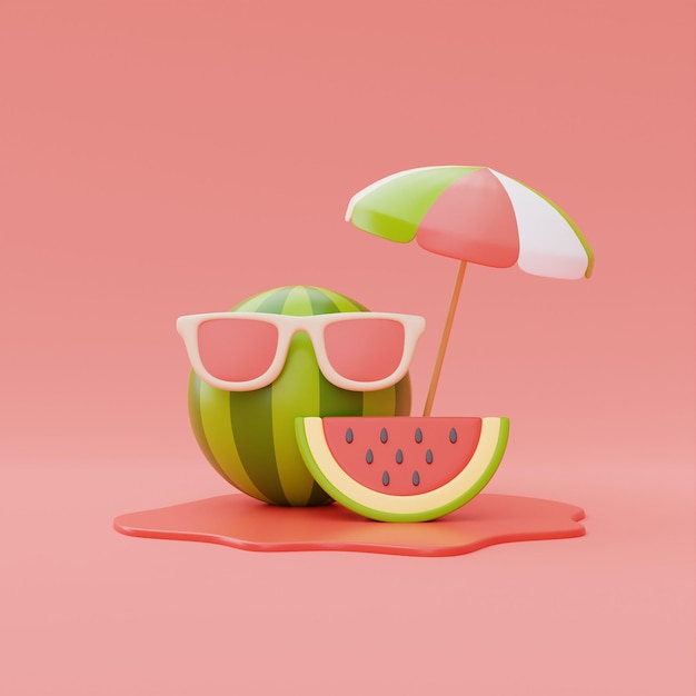 Slice of watermelon with beach umbrella isolate on orange background summer fruits 3d rendering