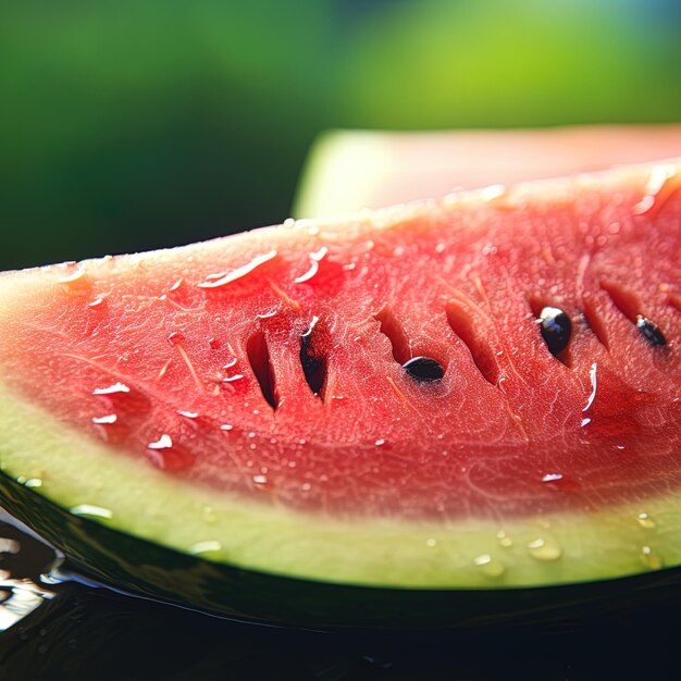 a slice of watermelon with seeds on it