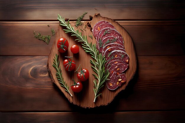 Sliced air dried salami cherry tomatoes and rosemary on a wooden background