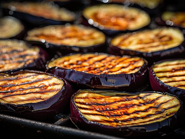 Sliced Aubergine on a grill closeup shot