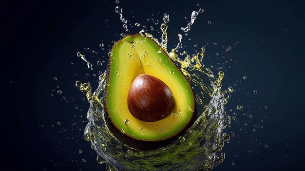 Sliced avocado with splashes isolated on black background