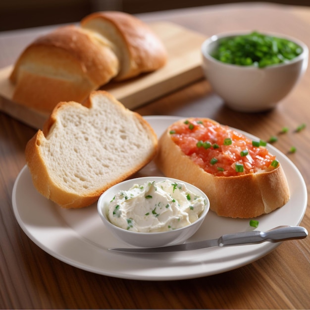 Sliced baguette with salmon sour cream and chives