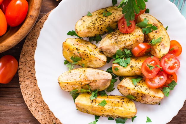 Sliced baked potatoes on a plate