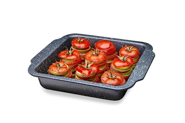 Sliced baked tomatoes and zucchini in a baking dish isolated on a white background Cook at home