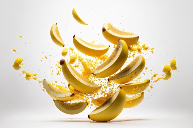 Sliced bananas are floating over a white background