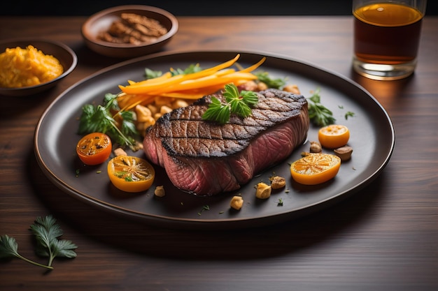 Sliced beef steak with parsley on a plate ai generative