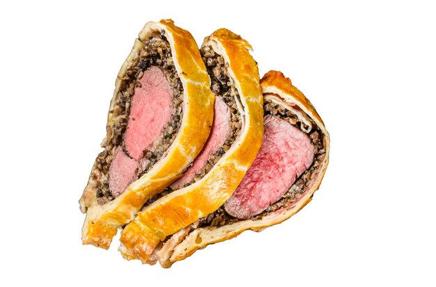 Photo sliced beef wellington pastry isolated on white background top view