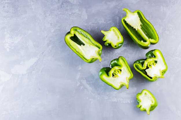 Sliced bell pepper halves on the table