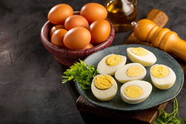 Sliced boiled eggs on the table