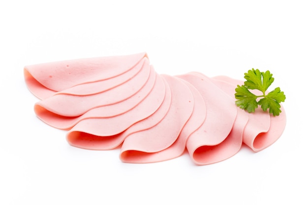 Sliced boiled ham sausage isolated, top view