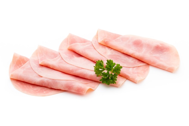 Sliced boiled ham sausage isolated on white background, top view.