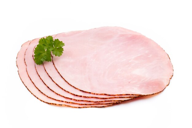 Sliced boiled ham sausage isolated on white background, top view.