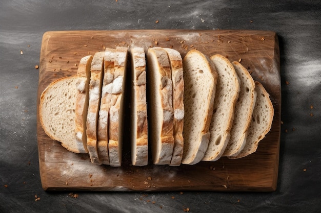 Sliced bread on cutting board top view