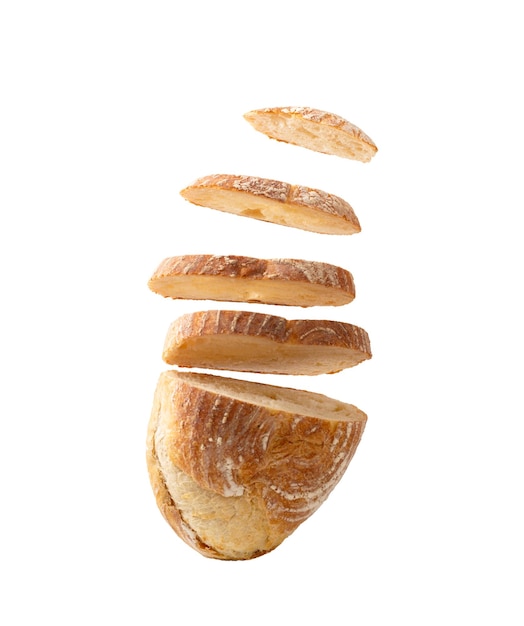 Sliced bread falls on a pile closeup on a white background Isolated