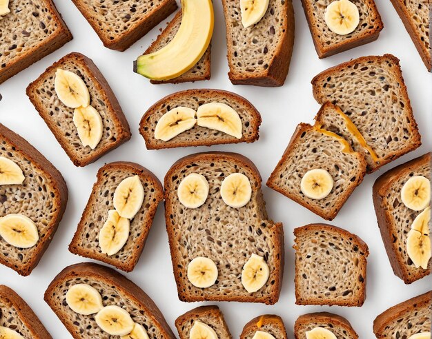 sliced bread with banana slices and slices on a white background