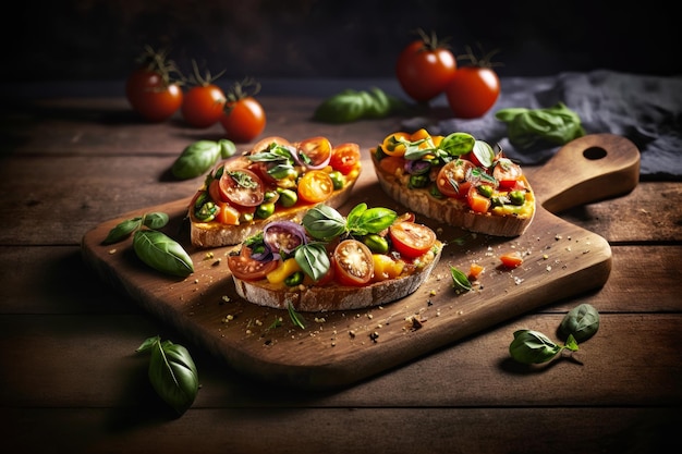 나무 커팅 보드에 토마토와 바질을 곁들인 얇게 썬 빵 Generative AI
